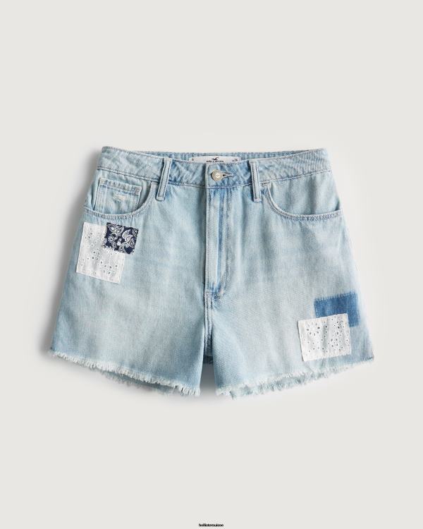 short mom en denim patchwork délavé clair à taille ultra-curvy femmes lavage léger Hollister bas RRRJX540