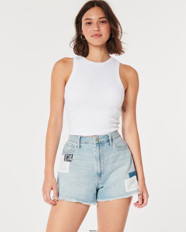 short mom en denim patchwork délavé clair à taille ultra-curvy femmes lavage léger Hollister bas RRRJX540
