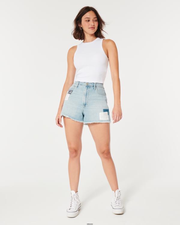 short mom en denim patchwork délavé clair à taille ultra-curvy femmes lavage léger Hollister bas RRRJX540