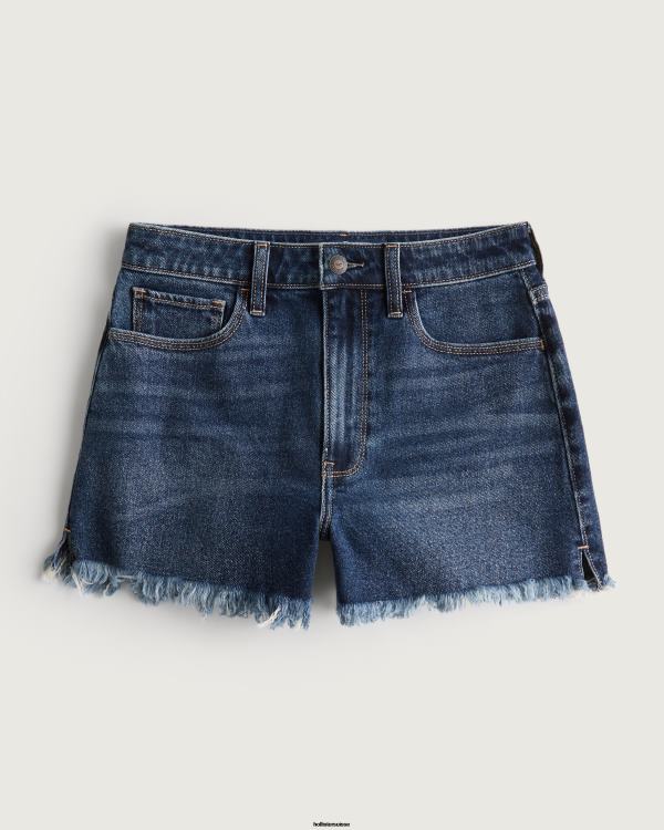 short mom taille ultra haute en denim délavé foncé femmes ourlet effiloché délavé foncé Hollister bas RRRJX741