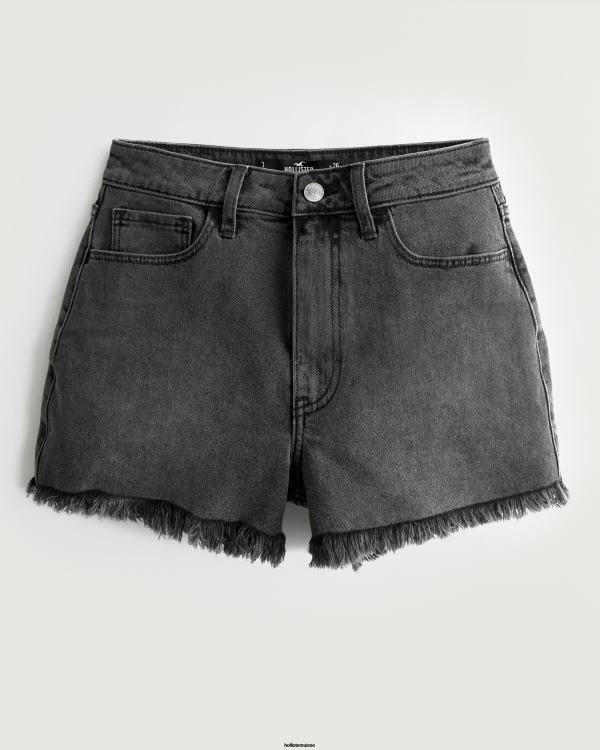 short mom taille ultra haute en denim noir délavé femmes ourlet effiloché noir Hollister bas RRRJX583
