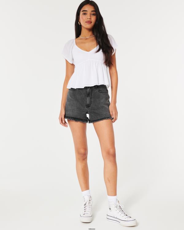 short mom taille ultra haute en denim noir délavé femmes ourlet effiloché noir Hollister bas RRRJX583
