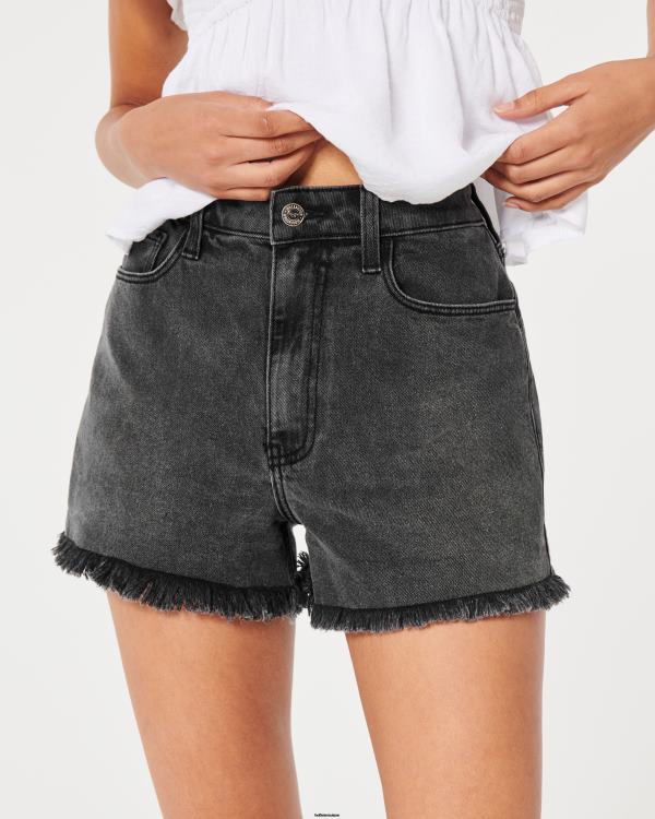 short mom taille ultra haute en denim noir délavé femmes ourlet effiloché noir Hollister bas RRRJX583