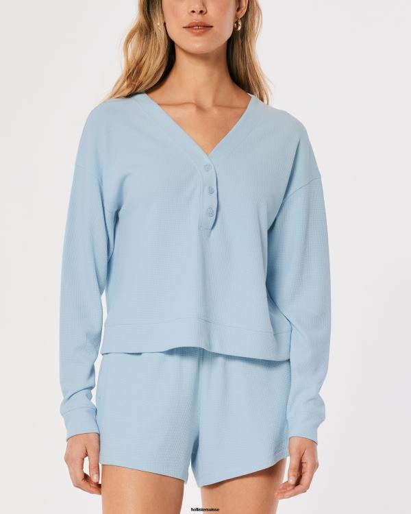 gilly hicks boxy gaufre henley femmes bleu clair Hollister hauts RRRJX459