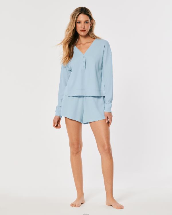 gilly hicks boxy gaufre henley femmes bleu clair Hollister hauts RRRJX459