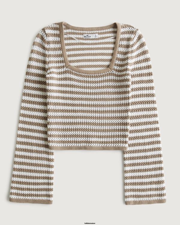 pull en crochet à manches longues et col carré femmes bande marron clair Hollister hauts RRRJX64
