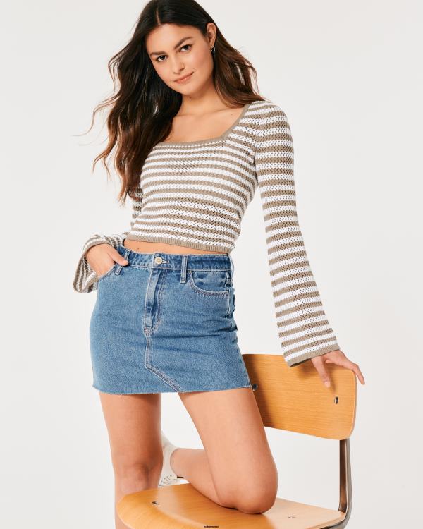 pull en crochet à manches longues et col carré femmes bande marron clair Hollister hauts RRRJX64