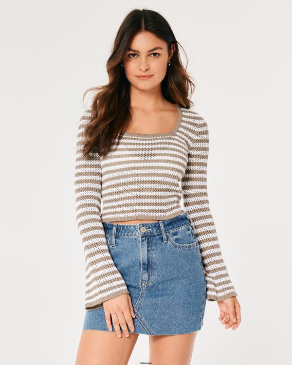pull en crochet à manches longues et col carré femmes bande marron clair Hollister hauts RRRJX64