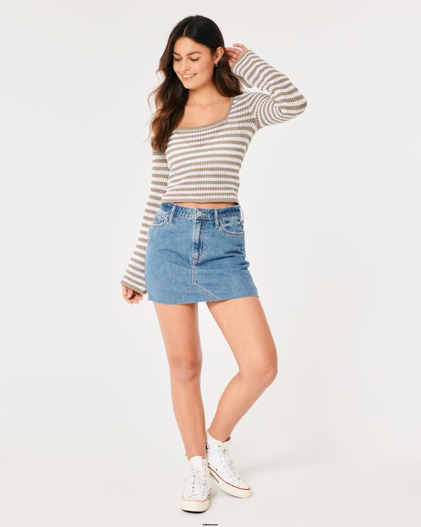 pull en crochet à manches longues et col carré femmes bande marron clair Hollister hauts RRRJX64