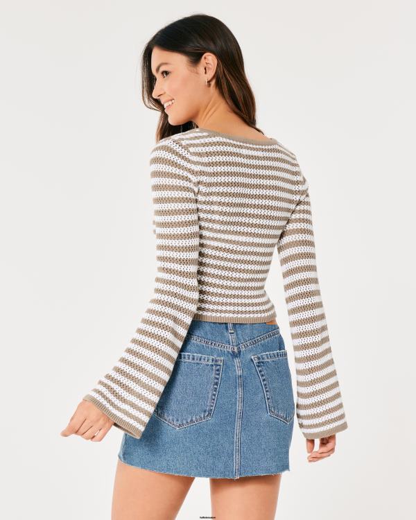 pull en crochet à manches longues et col carré femmes bande marron clair Hollister hauts RRRJX64