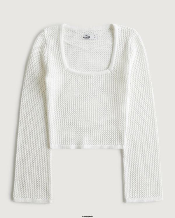 pull en crochet à manches longues et col carré femmes blanc Hollister hauts RRRJX41