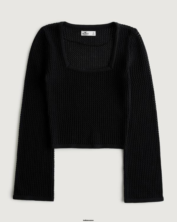 pull en crochet à manches longues et col carré femmes noir Hollister hauts RRRJX323