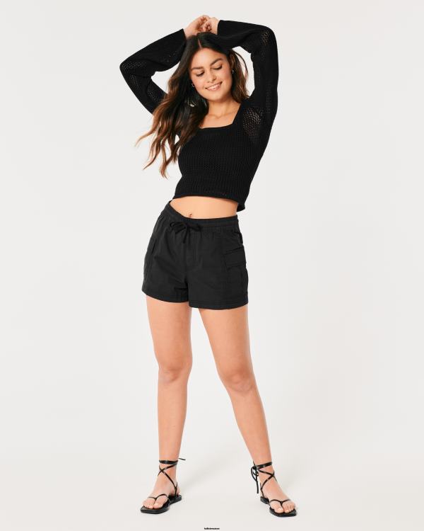 pull en crochet à manches longues et col carré femmes noir Hollister hauts RRRJX323