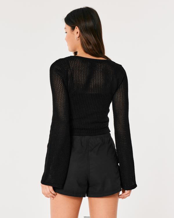 pull en crochet à manches longues et col carré femmes noir Hollister hauts RRRJX323