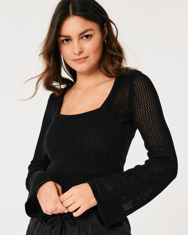 pull en crochet à manches longues et col carré femmes noir Hollister hauts RRRJX323