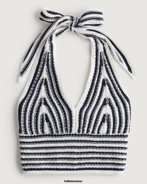 top dos nu à col v en crochet femmes rayure marine Hollister hauts RRRJX62