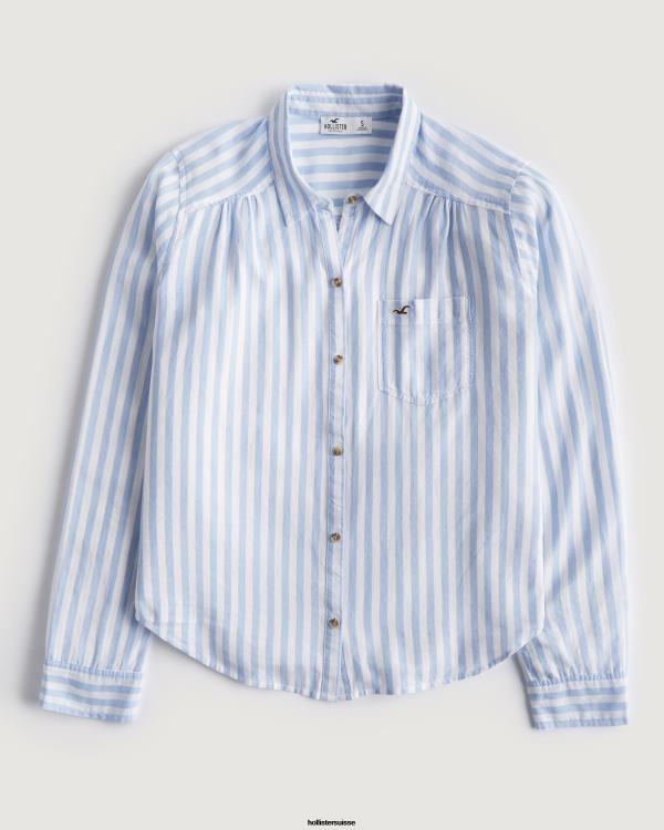 chemise boutonnée à logo iconique femmes bande bleu clair Hollister hauts RRRJX350