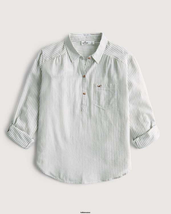 chemise à enfiler facile en coton léger femmes bande vert sauge Hollister hauts RRRJX174