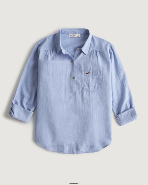 chemise à enfiler facile en coton léger femmes bleu Hollister hauts RRRJX373