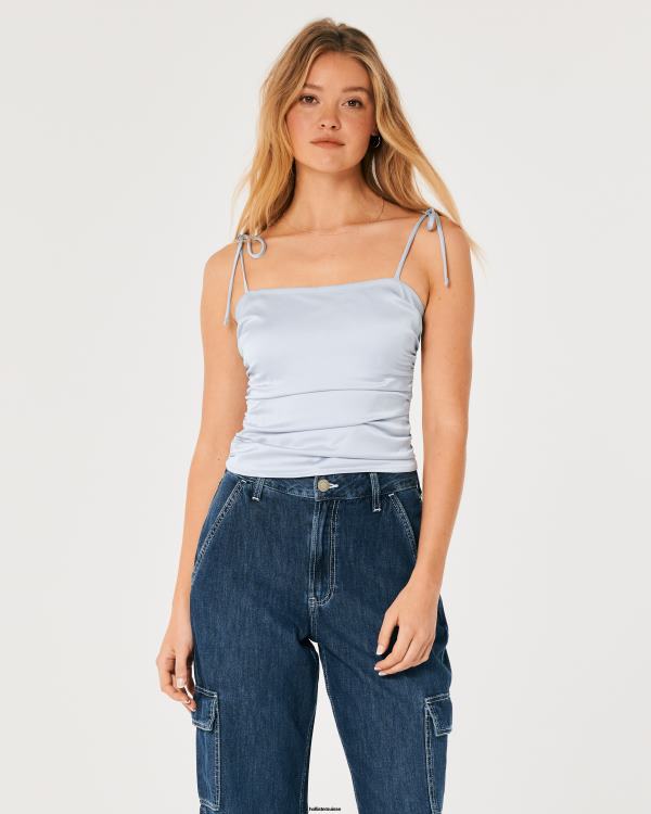 haut froncé en satin stretch femmes bleu clair Hollister hauts RRRJX324