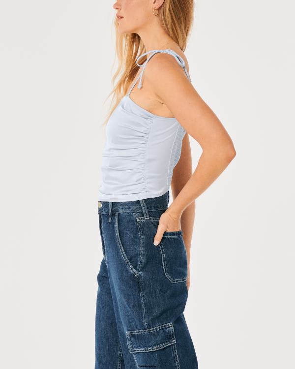 haut froncé en satin stretch femmes bleu clair Hollister hauts RRRJX324