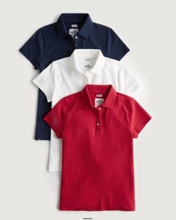 lot de 3 polos femmes bleu marine-blanc-rouge Hollister hauts RRRJX88