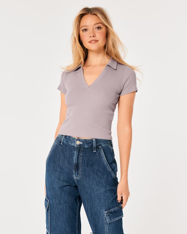 polo côtelé sans bouton femmes gris violet Hollister hauts RRRJX357