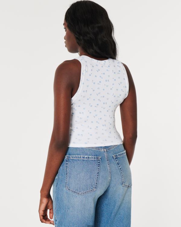 débardeur côtelé à col montant femmes blanc à fleurs bleues Hollister hauts RRRJX237