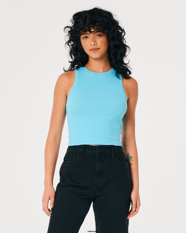 débardeur côtelé à col montant femmes turquoise Hollister hauts RRRJX378
