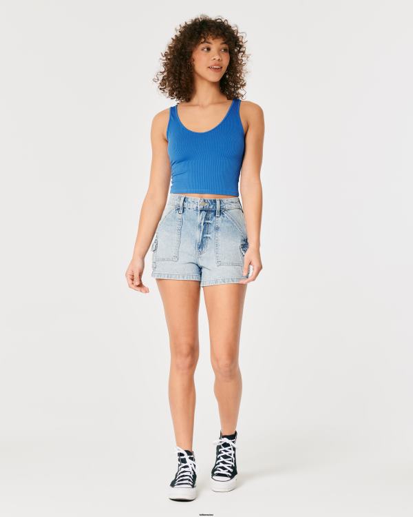 débardeur à col v en tissu côtelé sans couture femmes bleu Hollister hauts RRRJX417
