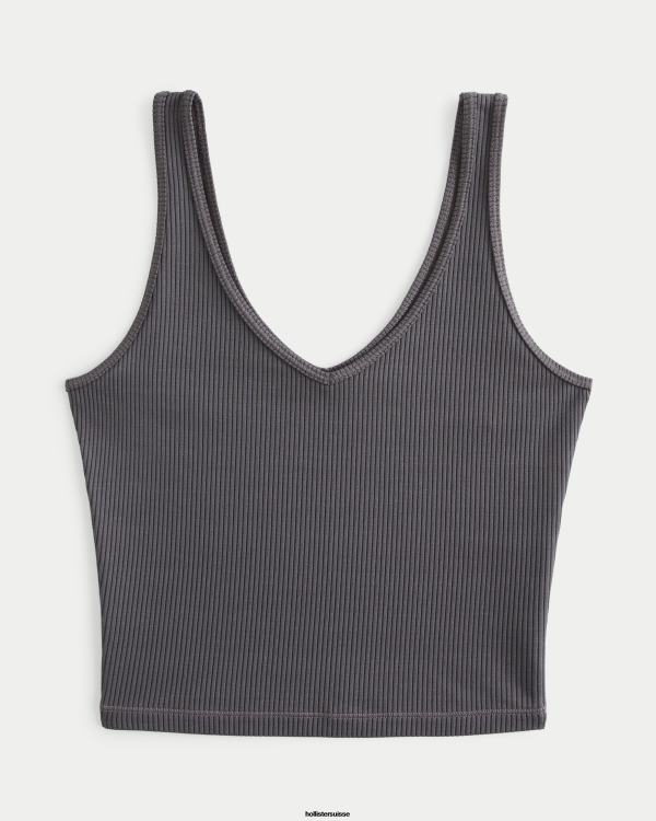 débardeur à col v en tissu côtelé sans couture femmes gris foncé Hollister hauts RRRJX27