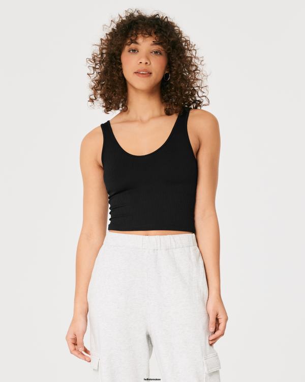 débardeur à col v en tissu côtelé sans couture femmes noir Hollister hauts RRRJX20