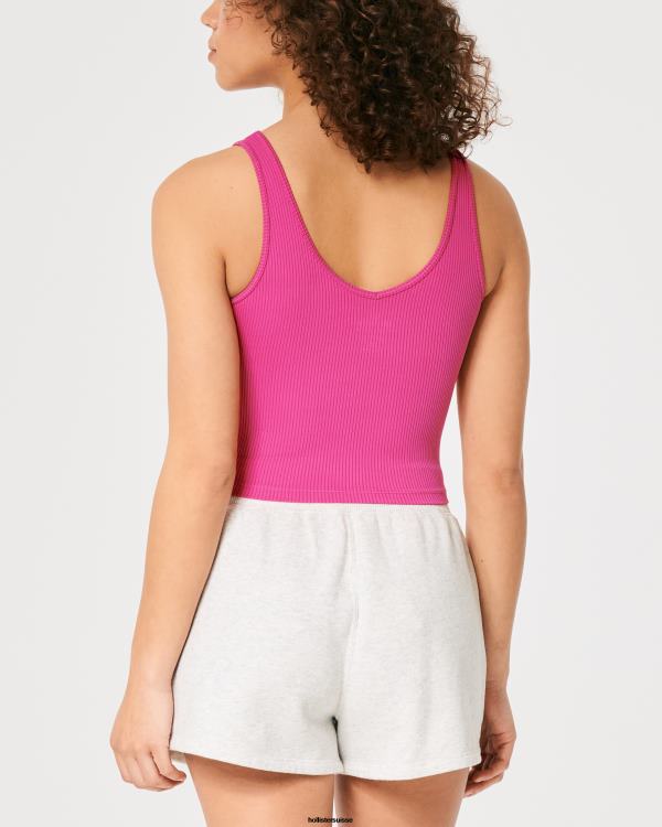 débardeur à col v en tissu côtelé sans couture femmes rose foncé Hollister hauts RRRJX424