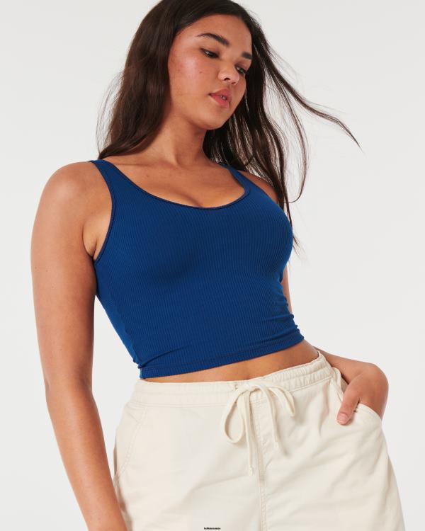 débardeur court côtelé à col v en tissu sans couture femmes bleu foncé Hollister hauts RRRJX22