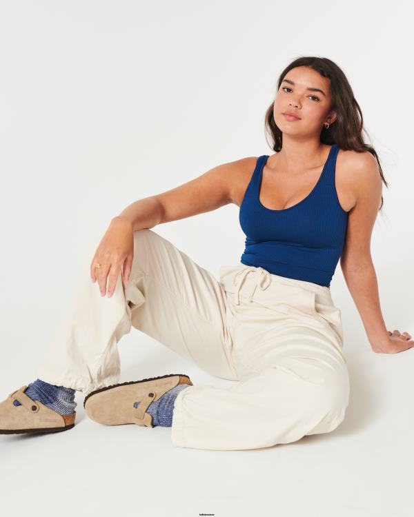 débardeur court côtelé à col v en tissu sans couture femmes bleu foncé Hollister hauts RRRJX22