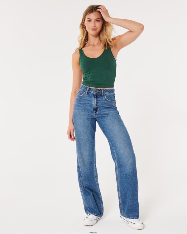 débardeur court côtelé à col v en tissu sans couture femmes vert foncé Hollister hauts RRRJX42