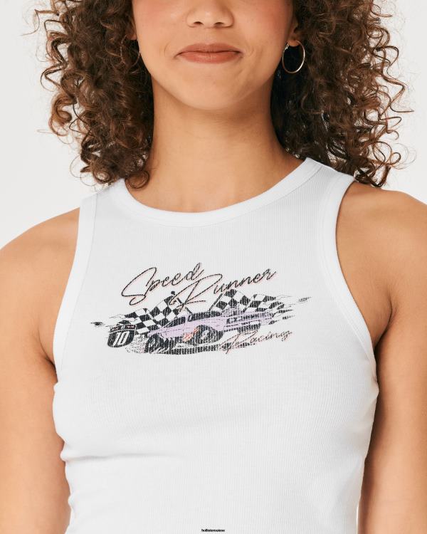 débardeur graphique de voiture de course côtelé à col montant femmes blanc Hollister hauts RRRJX278