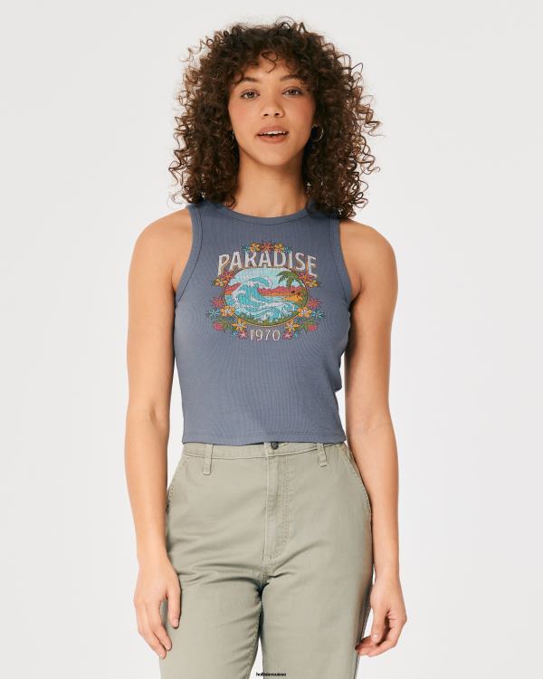 débardeur graphique paradis côtelé à col montant femmes bleu Hollister hauts RRRJX265
