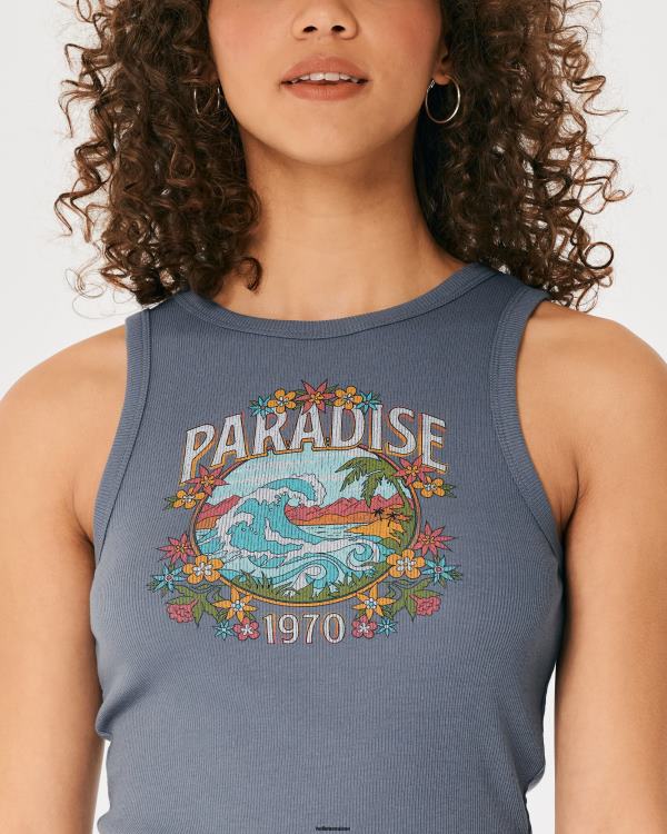 débardeur graphique paradis côtelé à col montant femmes bleu Hollister hauts RRRJX265