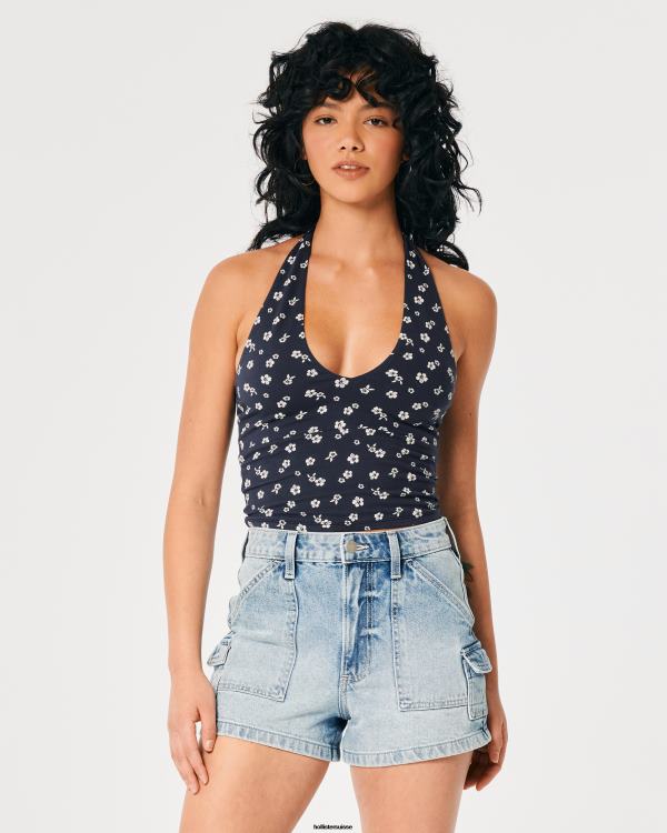 haut dos nu à encolure en v femmes fleuri marine Hollister hauts RRRJX403
