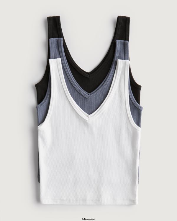 lot de 3 débardeurs côtelés à col v femmes noir-bleu-blanc Hollister hauts RRRJX30