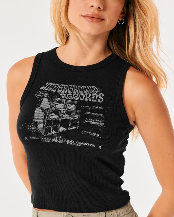 réservoir graphique de disques souterrains nervurés femmes noir Hollister hauts RRRJX56