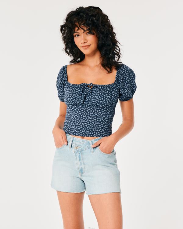 top noué à manches courtes femmes fleuri bleu marine Hollister hauts RRRJX93