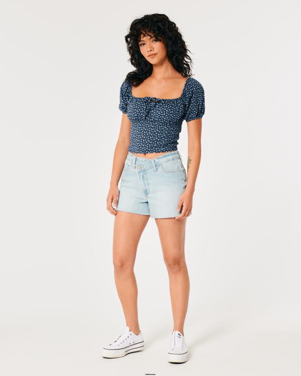 top noué à manches courtes femmes fleuri bleu marine Hollister hauts RRRJX93