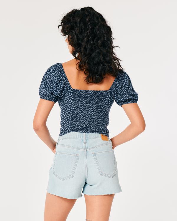 top noué à manches courtes femmes fleuri bleu marine Hollister hauts RRRJX93