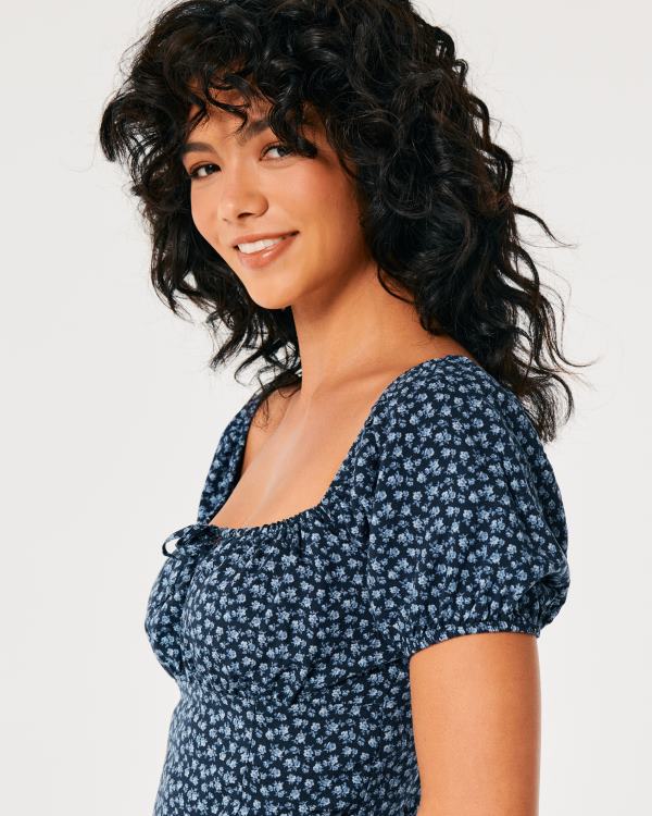 top noué à manches courtes femmes fleuri bleu marine Hollister hauts RRRJX93
