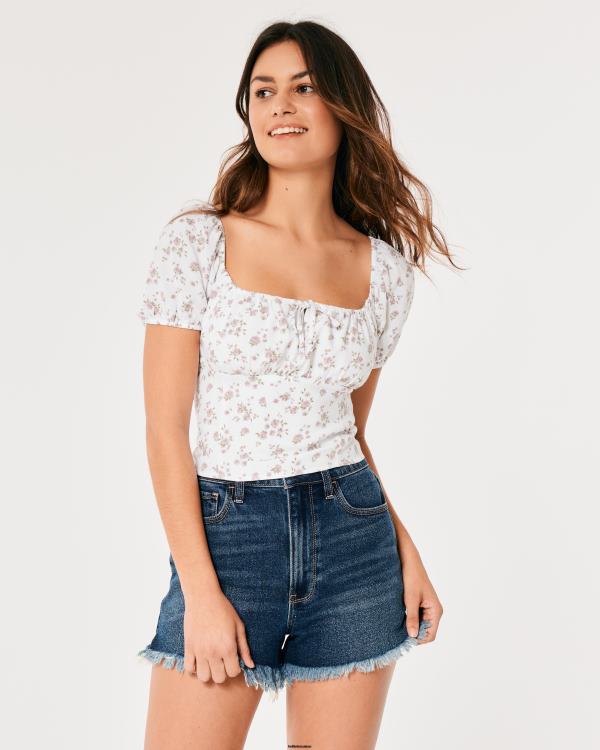 top noué à manches courtes femmes fleurs blanches Hollister hauts RRRJX47