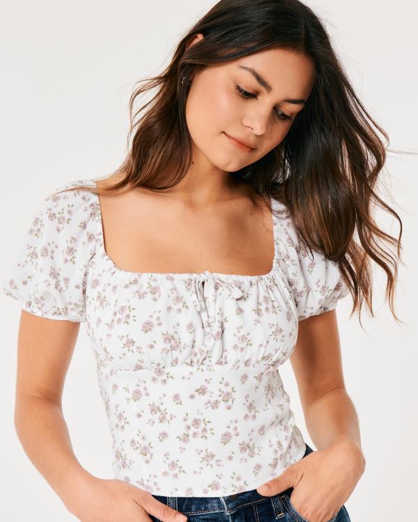 top noué à manches courtes femmes fleurs blanches Hollister hauts RRRJX47