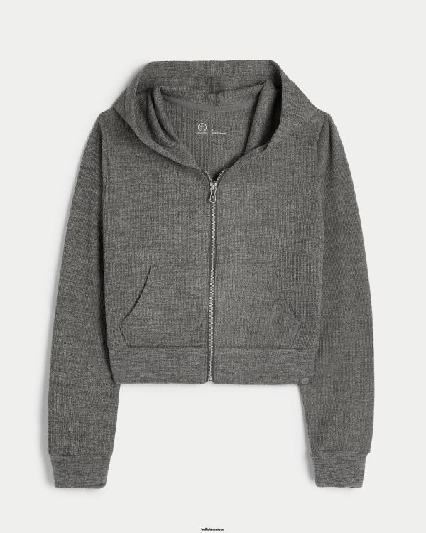 gilly hicks confortable micro-gaufre full-zip femmes gris chiné foncé Hollister hauts RRRJX173