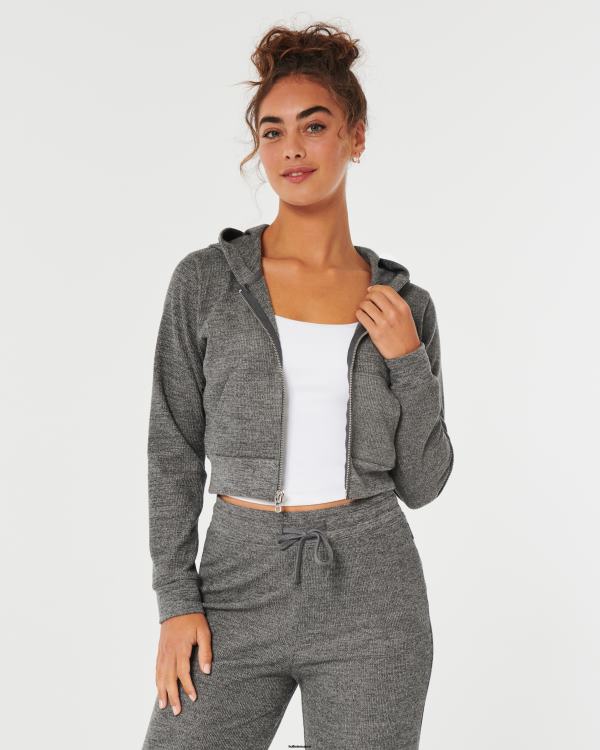gilly hicks confortable micro-gaufre full-zip femmes gris chiné foncé Hollister hauts RRRJX173